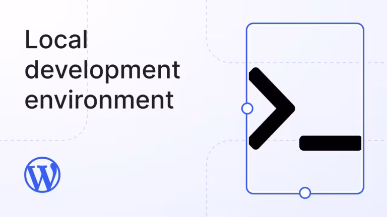 Une illustration comportant, à gauche, le texte « Environnement de développement local », le logo WordPress en dessous, et, à droite, une icône stylisée représentant une ligne de commande PHP à l'intérieur d'un rectangle bleu aux angles arrondis. Le fond clair est parsemé de légères lignes pointillées.