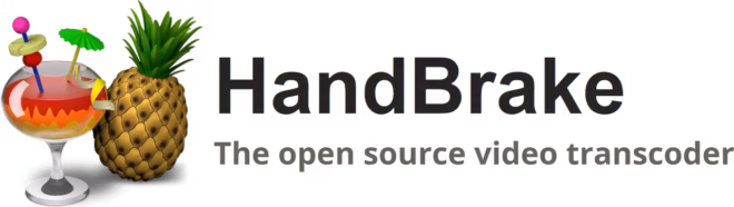 Un verre à cocktail avec des garnitures colorées et un ananas entier se trouve à côté du texte en gras "HandBrake". En dessous, un texte plus petit indique : "The open source video transcoder and Encoder MKV". L'arrière-plan est gris clair.