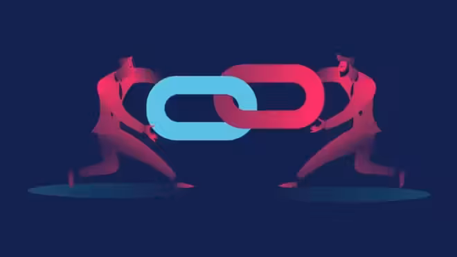 Two businessmen fighting over a link to prevent image theft.