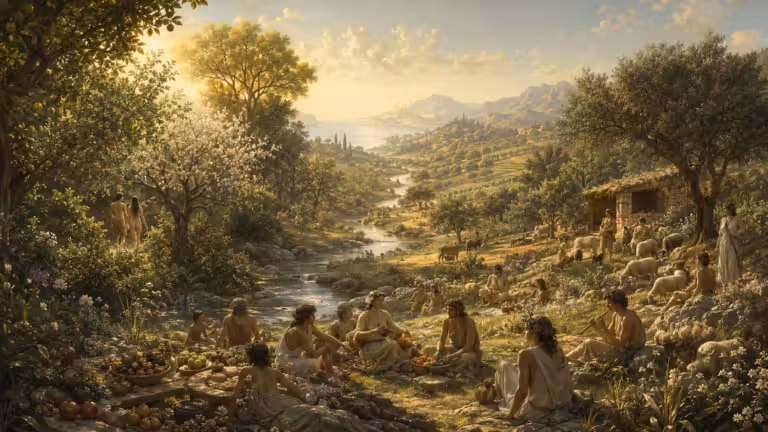 Eden, the Greek Golden Age and pastoral Arcadia merge into a fertile landscape of abundance, harmony, leisure and peaceful communal life.