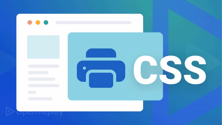 Une illustration stylisée représentant une icône d'imprimante se superpose à la mise en page d'un site web. Le mot « CSS », écrit en grosses lettres blanches, recouvre l'imprimante, suggérant une feuille d'impression au format CSS. L'arrière-plan présente des dégradés de bleu et de turquoise, parsemés de légères formes triangulaires.