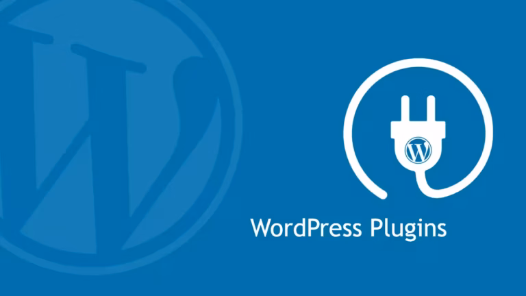 Fond bleu avec un grand logo WordPress estompé sur la gauche. À droite, une icône de plugin entourée de blanc avec un petit logo WordPress à l'intérieur. En dessous, "WordPress Plugins" apparaît en caractères blancs, ce qui est parfait pour présenter votre liste de plugins.