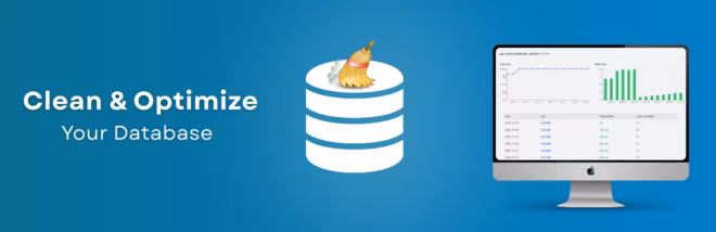 Illustration avec le texte "Clean &amp; Optimize Your Database" sur fond bleu, comportant une icône de base de données blanche surmontée d'un balai, et un écran d'ordinateur affichant des graphiques et des tableaux pour aider à optimiser les performances de la base de données et à prévenir les risques de piratage de WordPress.