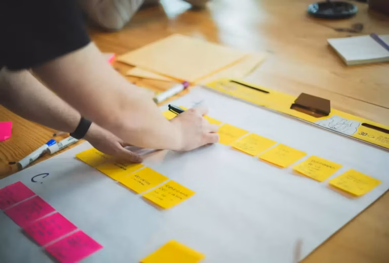 Une personne dispose des post-it jaune vif sur lesquels sont inscrits à la main des mots-clés tels que « ressources pédagogiques » et « anglais » sur une grande feuille de papier. Des stylos, des chemises et des feuilles volantes sont éparpillés un peu partout, ce qui laisse penser à une séance de réflexion en vue du baccalauréat. Seuls ses bras sont visibles.