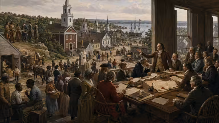 Colonial representatives debate laws and petitions in a British American town while religious communities, Indigenous diplomats, merchants and enslaved workers reveal the limits of colonial self-government