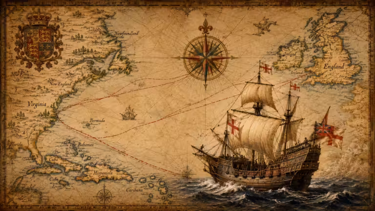 Elizabethan sailing ship crossing the Atlantic over an early maritime map showing routes between England and North America.