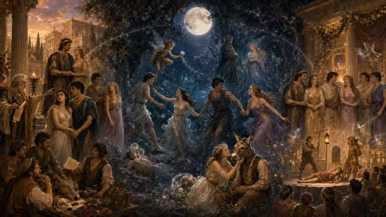 The Athenian court, lovers, fairies and mechanicals converge in the enchanted forest before returning to Athens