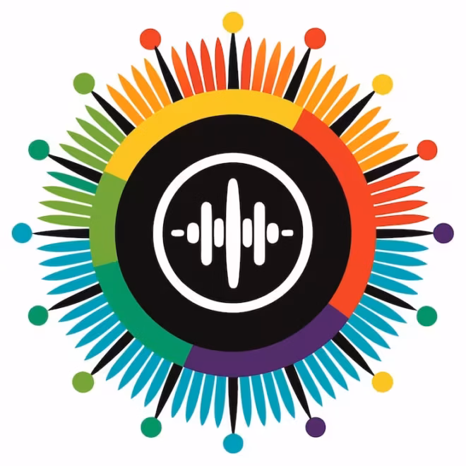 Un design circulaire avec un centre noir comportant une ic&ocirc;ne de forme d'onde audio blanche - parfait pour les projets SAM Broadcaster ou script PAL. Des segments et des plumes color&eacute;s et rayonnants cr&eacute;ent un &eacute;clat de soleil sym&eacute;trique et vibrant, id&eacute;al pour les visuels publicitaires des diffuseurs.
