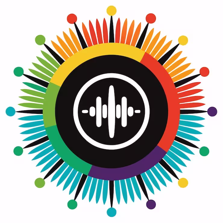 Un design circulaire avec un centre noir comportant une icône de forme d'onde audio blanche - parfait pour les projets SAM Broadcaster ou script PAL. Des segments et des plumes colorés et rayonnants créent un éclat de soleil symétrique et vibrant, idéal pour les visuels publicitaires des diffuseurs.