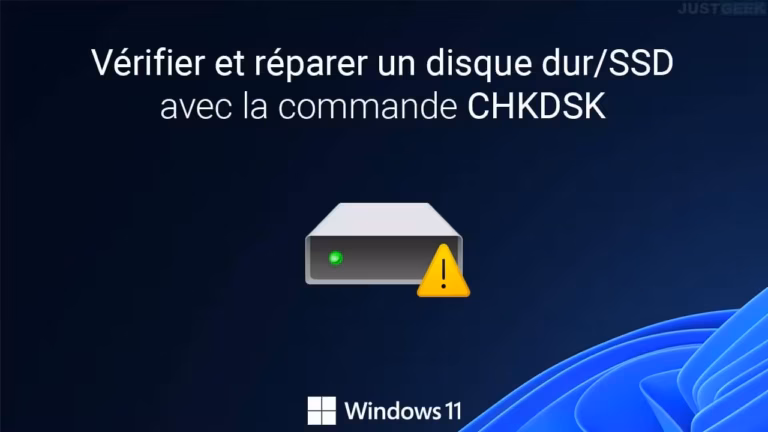 Le texte français indique "Vérifier et réparer un disque dur/SSD avec la commande CHKDSK ou Scandisk". En dessous se trouve l'icône d'un disque dur avec un triangle d'avertissement jaune, et un logo Windows 11 en bas sur un fond bleu.