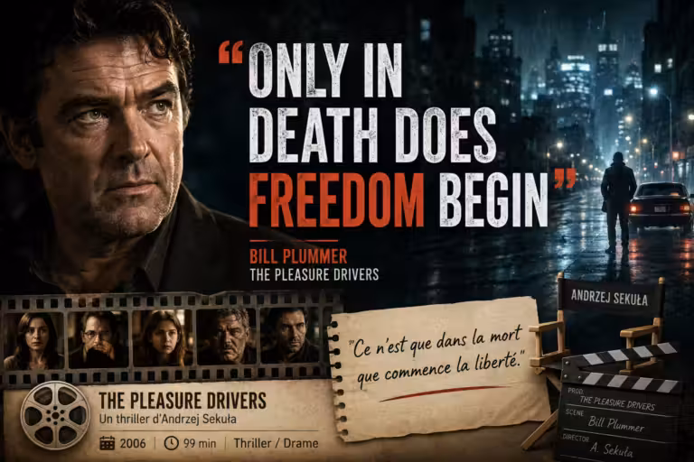 Une affiche du film « The Pleasure Drivers » représente le visage grave d’un homme, une rue sombre de la ville et des images tirées du film en plus petit. Une grande inscription indique : « CE N’EST QU’AVEC LA MORT QUE COMMENCE LA LIBERTÉ », soulignant l’exploration intense par le film du lien entre liberté et mort. Une bobine de film, un clap et le générique apparaissent en bas de l’affiche.
