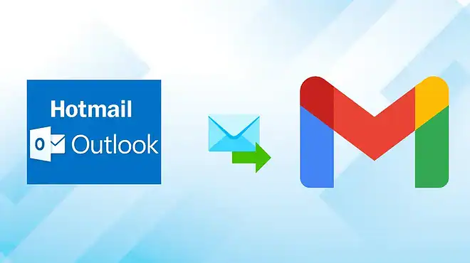 Un logo Hotmail Outlook ou Live bleu à gauche, une flèche verte avec une enveloppe au centre, et un grand logo Gmail coloré à droite, le tout sur un fond bleu clair abstrait.