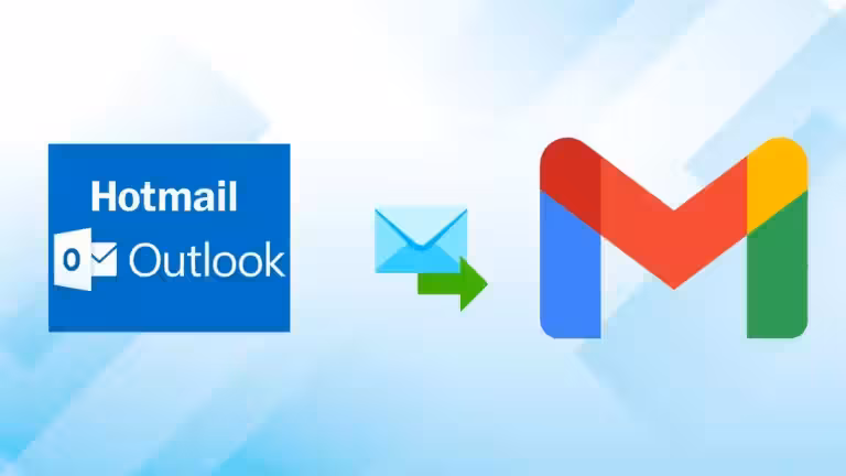 Un logo Hotmail Outlook ou Live bleu à gauche, une flèche verte avec une enveloppe au centre, et un grand logo Gmail coloré à droite, le tout sur un fond bleu clair abstrait.