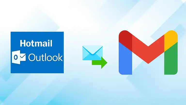 transfert-hotmail-gmail Un logo Hotmail Outlook ou Live bleu à gauche, une flèche verte avec une enveloppe au centre, et un grand logo Gmail coloré à droite, le tout sur un fond bleu clair abstrait.