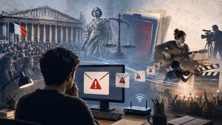 Une personne assise à un bureau consulte des e-mails d'alerte sur son ordinateur ; les images montrent une salle d'audience, une statue de la Justice, des musiciens, un plateau de tournage, un public et un drapeau français, symbolisant le croisement entre le droit, les médias et la communication numérique à l'ère de la « Création Internet » et de la production documentaire soumise à des réglementations telles que la loi HADOPI ; un routeur Wi-Fi est visible.