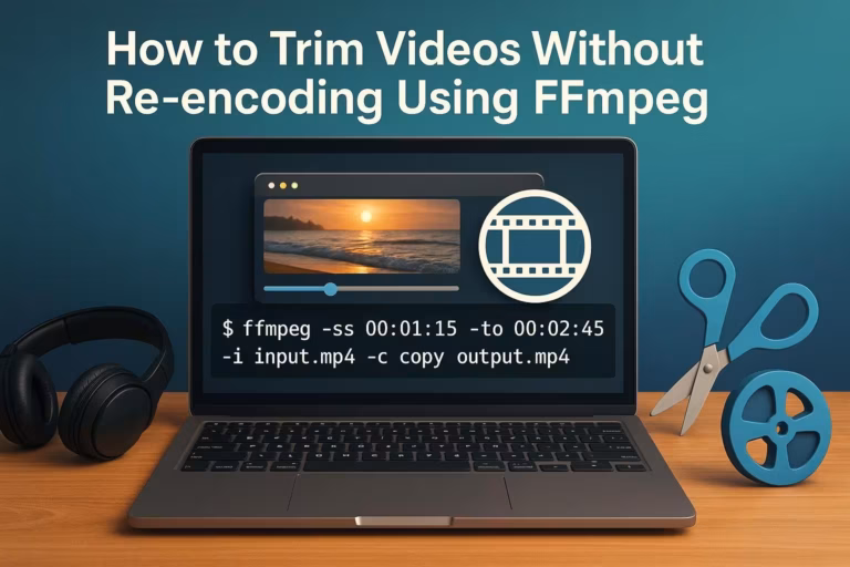 Un ordinateur portable sur un bureau affiche une commande pour découper des vidéos dans FFmpeg, ce qui est parfait pour tous ceux qui souhaitent éditer des fichiers FLV sans conversion. L'écran affiche une vidéo de coucher de soleil, l'icône d'une pellicule de film et des ciseaux à proximité, comme avec RichFLV.