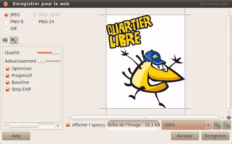 Menu Enregistrer pour le Web dans GIMP