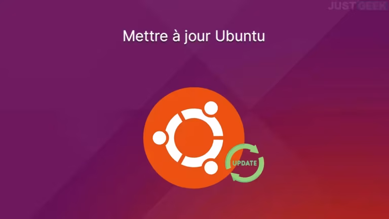 Un fond violet avec le texte français "Mettre à jour Ubuntu" en haut. En dessous, le logo orange d'Ubuntu est recouvert d'une flèche circulaire verte intitulée "UPDATE", symbolisant la mise à jour d'Ubuntu vers la dernière version d'Ubuntu.