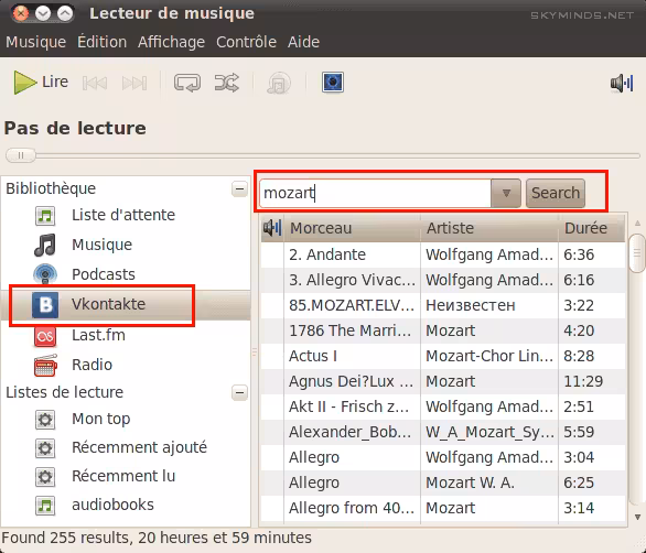 Capture d'écran de l'application de lecture de musique Rhythmbox sous Linux affichant une playlist de plusieurs morceaux de Wolfgang Amadeus Mozart.