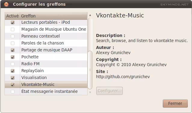Une capture d'écran affichant une liste de plugins liés à la musique pour une application de lecteur multimédia Rhythmbox avec un accent sur la description du plugin "Vkontakte-music".