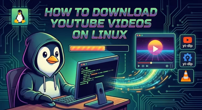 Un pingouin de dessin animé en sweat à capuche est assis devant un ordinateur avec des graphiques numériques. Le texte indique "Comment télécharger des vidéos YouTube sur Linux en utilisant yt-dlp". Des icônes représentant Linux, YouTube, yt-dlp, FFmpeg, VLC et une barre de progression apparaissent sur un fond futuriste.
