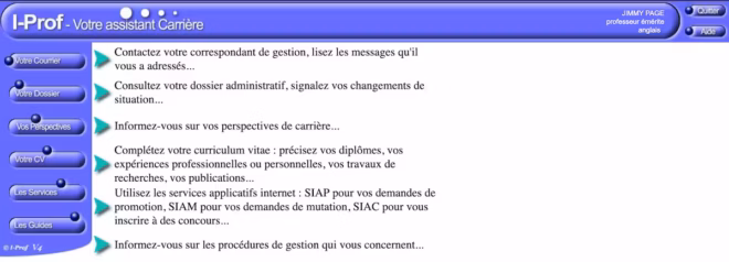 Capture d'écran de l'interface de l'assistant de carrière I-Prof en français, montrant les liens de navigation et les instructions. Le texte principal guide l'enseignant dans l'utilisation d'I-Prof pour gérer son dossier de carrière, avec un bouton de changement de langue pour l'anglais en haut à droite.