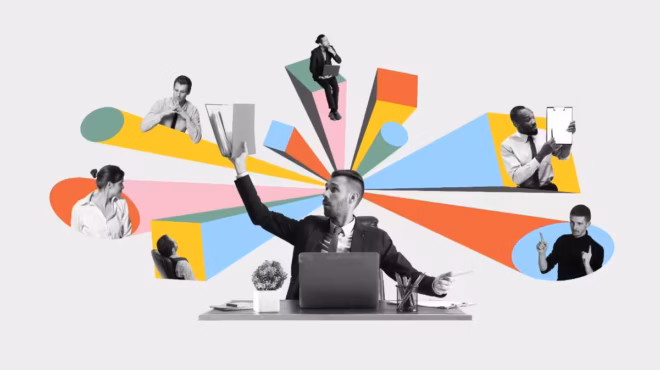 Un homme d'affaires est assis à un bureau, tenant des documents à la main. Des formes géométriques colorées rayonnent derrière lui et se relient à six autres, mettant en avant le travail d'équipe, la communication, l'organisation et la collaboration à distance pour une productivité accrue.