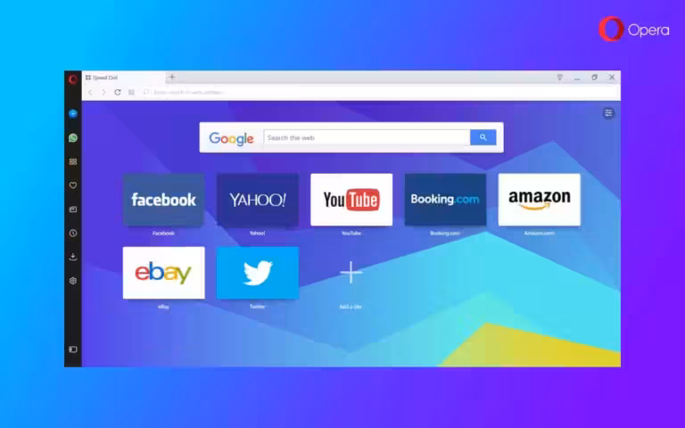 Un écran d'ordinateur avec un fond bleu et violet présentant le navigateur Opera.