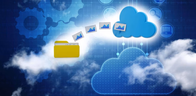 Un dossier jaune utilise rsync pour transférer des fichiers contenant des graphiques et des diagrammes à barres vers des icônes de nuages bleus, symbolisant la migration des données depuis des serveurs vers un stockage dans le cloud, sur un fond de code binaire, d'engrenages et de grilles numériques, créant ainsi une ambiance technologique moderne.