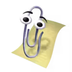 Image d'un trombone stylisé aux yeux globuleux et aux sourcils expressifs, ressemblant à l'assistant virtuel Clippy des anciennes versions de Microsoft Office. Le personnage est positionné devant un bloc notes jaune avec des lignes bleues et roses, prêt à vous aider à orthographier vos ci jointes.