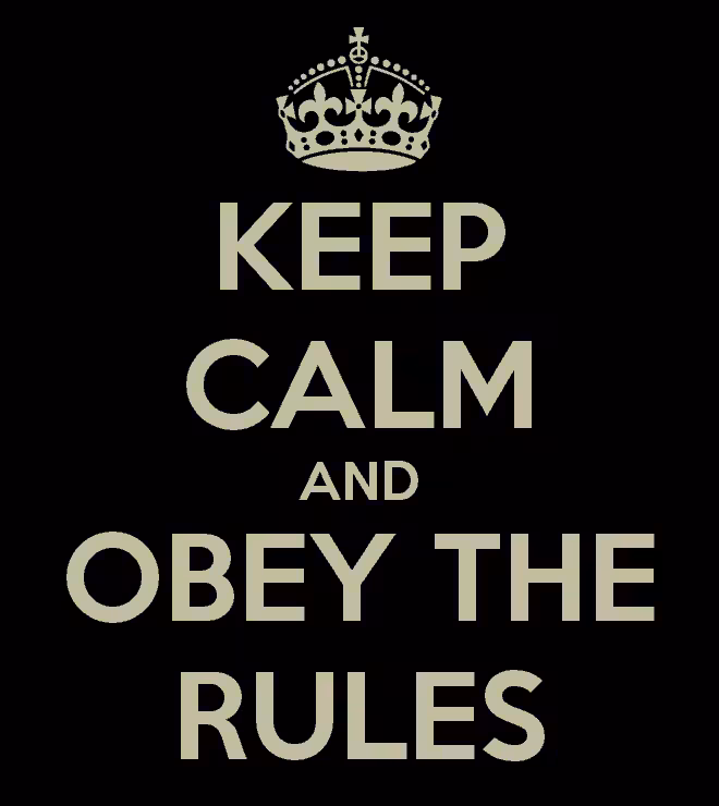 Le texte beige sur fond noir se lit comme suit : "GARDEZ VOTRE CALME ET RESPECTEZ LES RÈGLES". Une couronne stylisée se trouve au-dessus, faisant écho aux affiches emblématiques "Keep Calm", idéales pour rappeler à chacun les règles et l'étiquette en ligne.