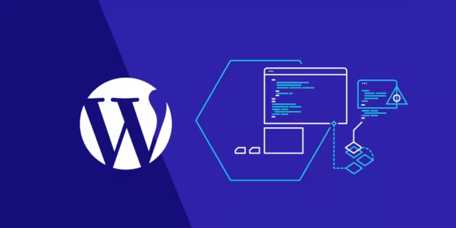 À gauche, un grand logo WordPress blanc sur fond bleu foncé. À droite, des dessins stylisés en bleu d'un écran de bureau, d'un ordinateur portable et d'éléments de site web mettent en évidence les fonctions d'administration de WordPress dans la conception et le développement de sites web.