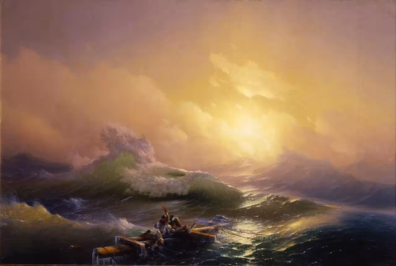 Ivan Aivazovsky's The Ninth Wave, showing survivors facing an immense sea