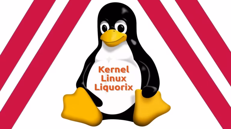 Un pingouin de dessin animé (Tux, la mascotte de Linux) est assis avec "Kernel Linux Liquorix" écrit sur son ventre en texte orange. Les bandes rouges diagonales derrière le pingouin indiquent la vitesse de mise à jour du noyau sous Linux Mint à l'aide du noyau Liquorix.