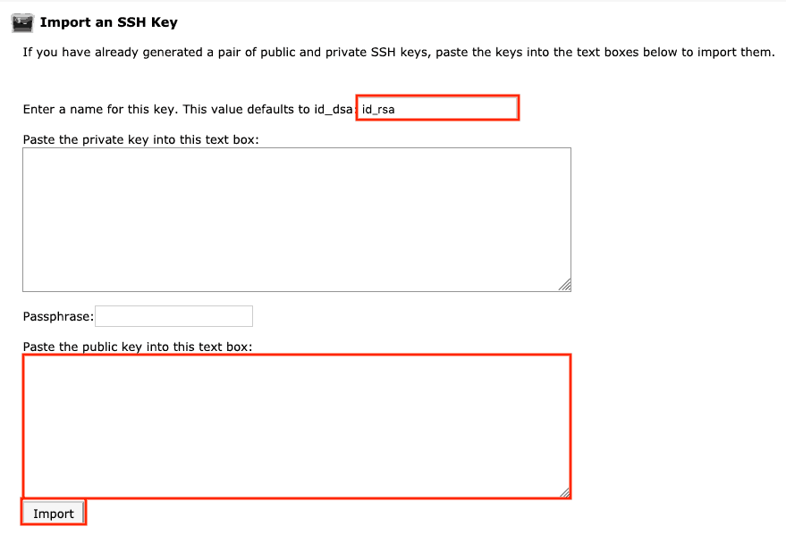 cpanel ssh import ssh key