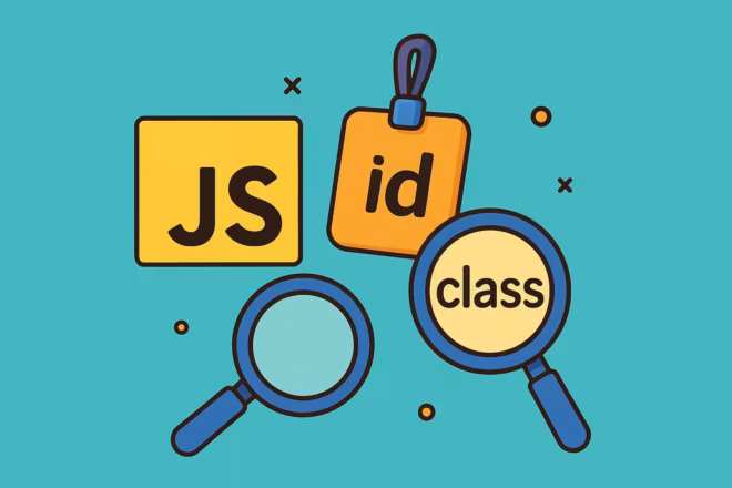 js-find-element Illustration sur fond sarcelle montrant un rectangle jaune étiqueté "JS" pour représenter un élément JavaScript, une étiquette orange étiquetée "id" et deux loupes, dont l'une se concentre sur la "classe". De petits points décoratifs et des X sont disséminés autour des objets.