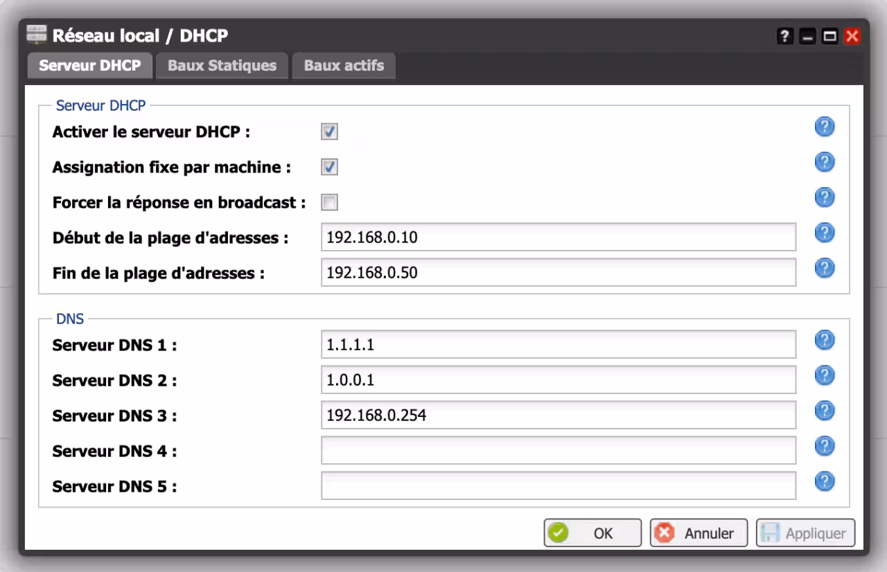 Configuration des serveurs DNS Cloudflare dans les paramètres DHCP de Freebox OS