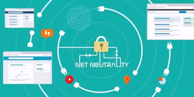 Illustration montrant des fenêtres de navigateur web connectées par des lignes de réseau à une icône centrale de verrouillage au-dessus de "Net Neutrality", avec des icônes pour la vidéo, la localisation, les cartes, la conversation et le signal sur un fond sarcelle - évoquant la navigation sécurisée avec Freebox Revolution et les serveurs DNS.
