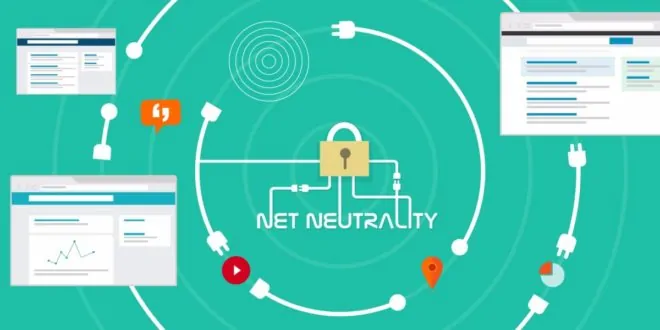 Illustration montrant des fenêtres de navigateur web connectées par des lignes de réseau à une icône centrale de verrouillage au-dessus de &quot;Net Neutrality&quot;, avec des icônes pour la vidéo, la localisation, les cartes, la conversation et le signal sur un fond sarcelle - évoquant la navigation sécurisée avec Freebox Revolution et les serveurs DNS.