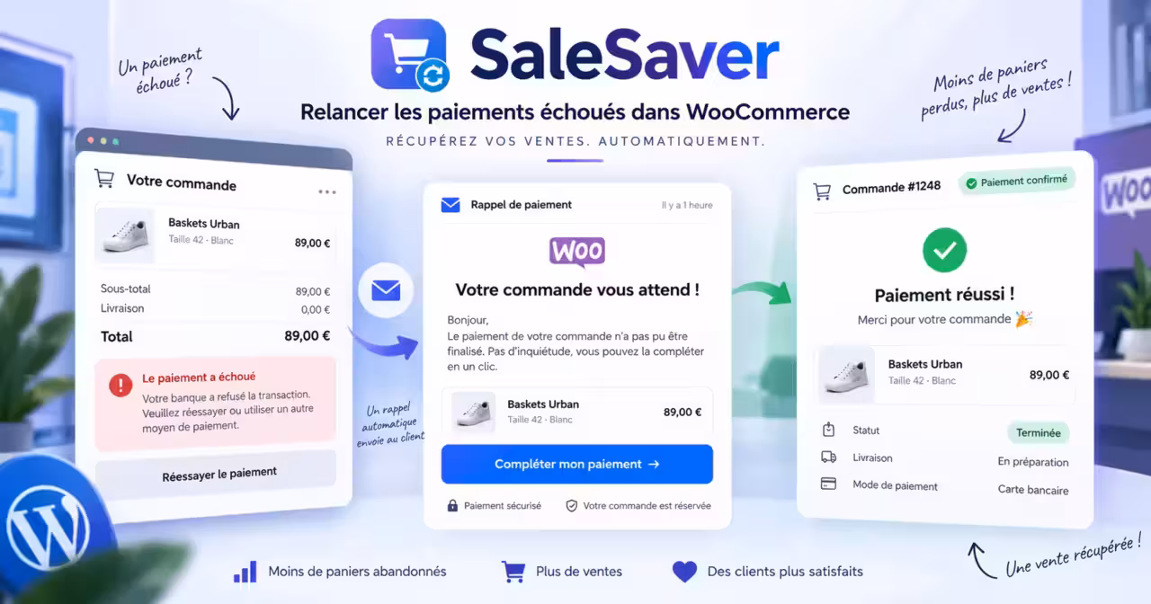 SaleSaver relance les paiements échoués WooCommerce pour aider à récupérer des commandes perdues