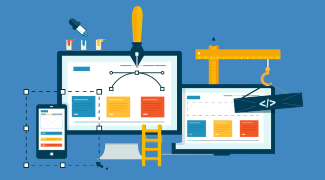 Illustration d'outils de conception et de développement web : un téléphone, un ordinateur de bureau et un ordinateur portable affichent des maquettes et du code. Des outils tels qu'un pinceau, un crayon, une règle et une échelle entourent les écrans, expliquant comment créer un site et héberger un site efficacement.