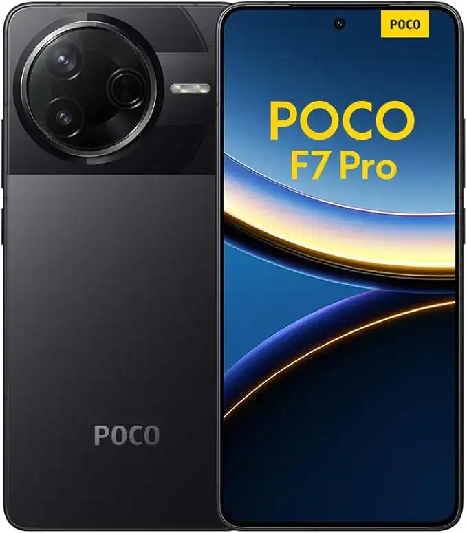 Un nouveau téléphone POCO F7 Pro noir est présenté, avec sa face avant et sa face arrière. L'écran avant affiche "POCO F7 Pro" en texte jaune sur un fond bleu et or. Le dos présente le logo POCO, un badge 5G et un grand module de caméra à trois lentilles.