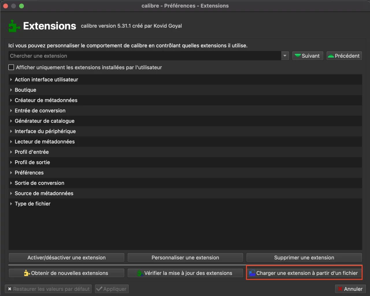 Calibre: charger une extension à partir d'un fichier