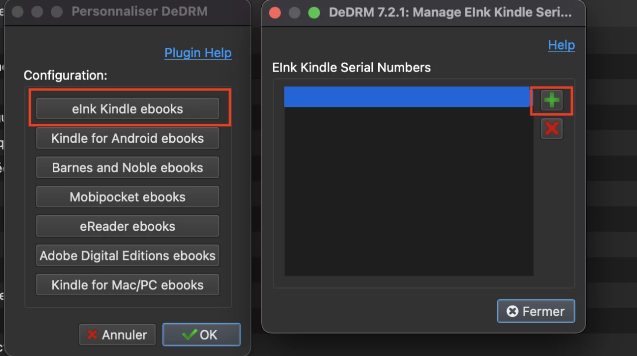 Ajoutez le numéro de série de votre Kindle dans calibre