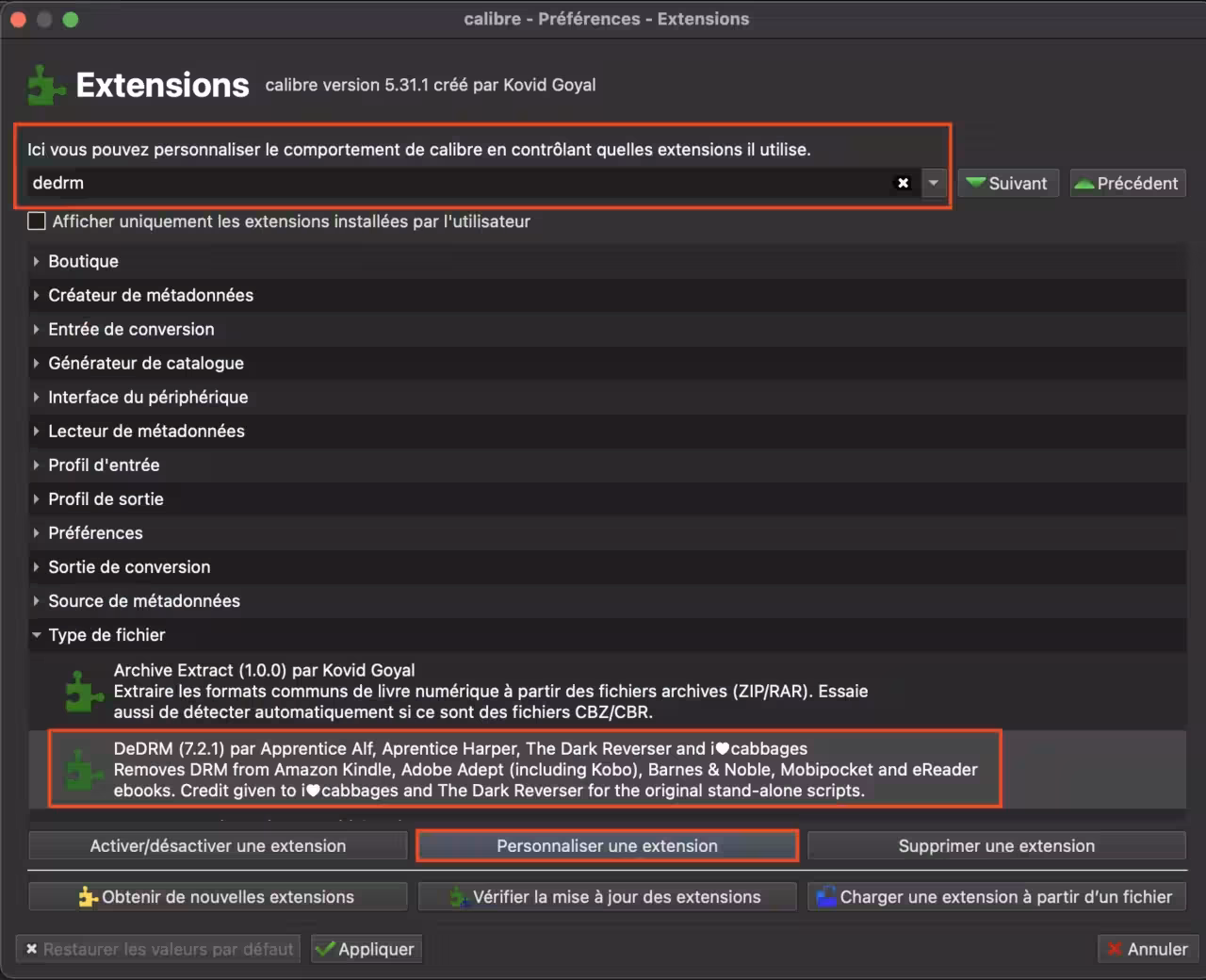 Personnalisation de l'extension DeDRM