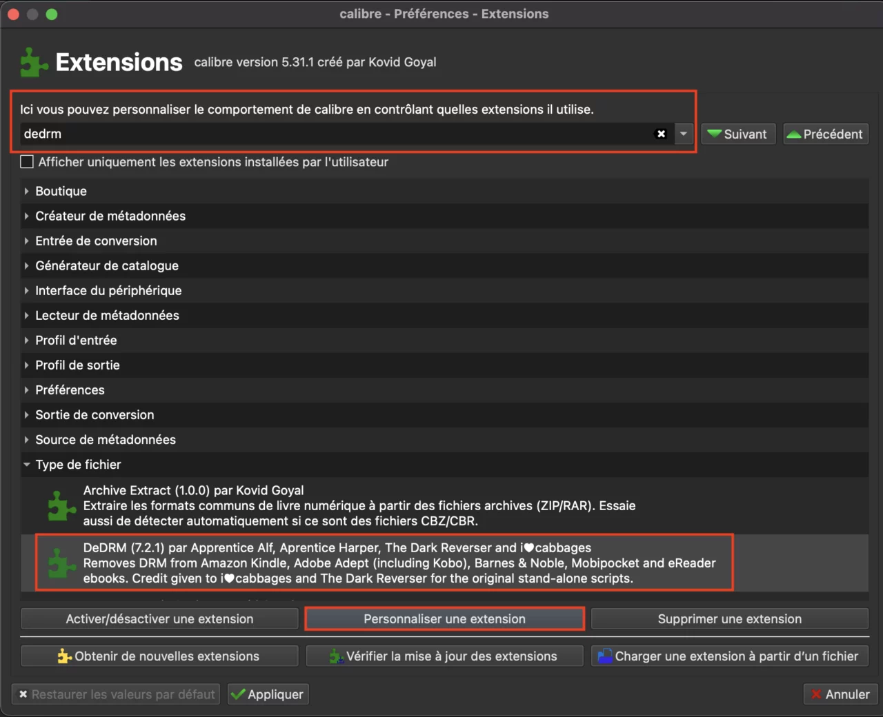 Personnalisation de l'extension DeDRM