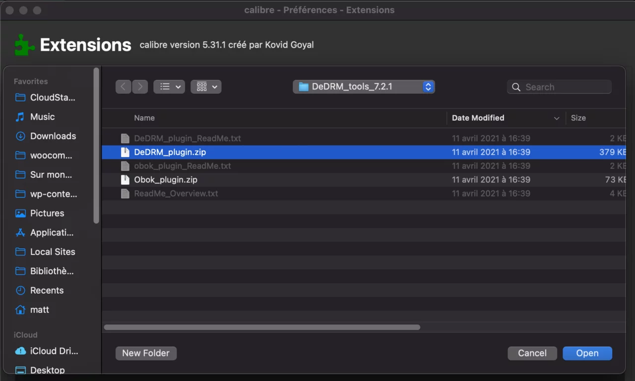 Ajout du plugin DeDRM à calibre