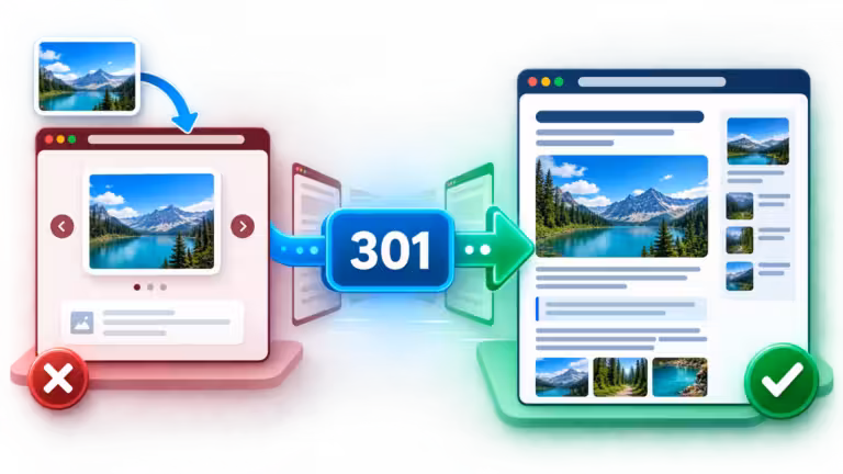Deux fenêtres de site web affichent une image représentant un lac et des montagnes. La fenêtre de gauche, conçue à la manière d'un tableau de bord WordPress de couleur rouge et comportant une croix, présente un texte alternatif de mauvaise qualité. Une flèche pointe vers la fenêtre de droite — verte et marquée d’une coche — qui affiche la même image avec un texte alternatif de meilleure qualité, ainsi qu’un signe « 301 » entre les deux pour illustrer comment rediriger la page d’attachement afin d’améliorer le référencement naturel (SEO).