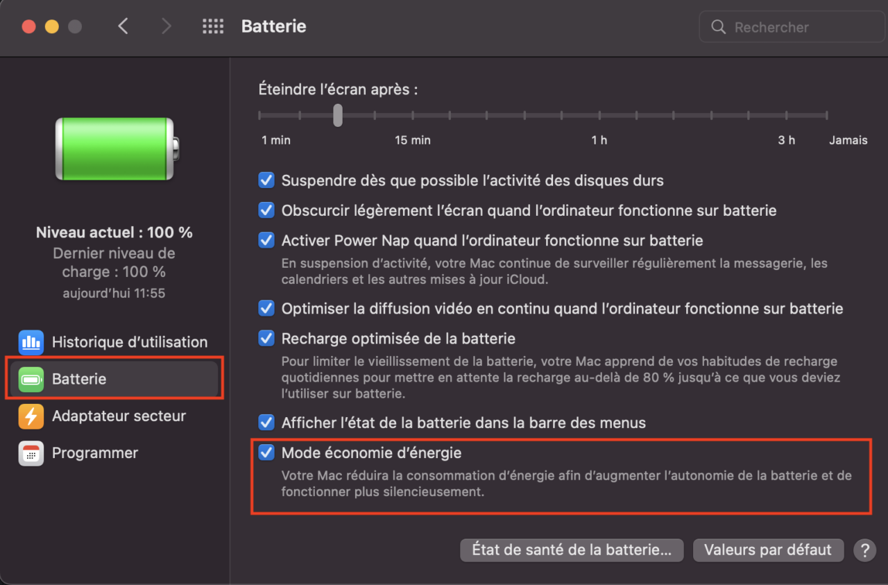 Dans l'onglet Batterie, activez l'option Mode économie d'énergie