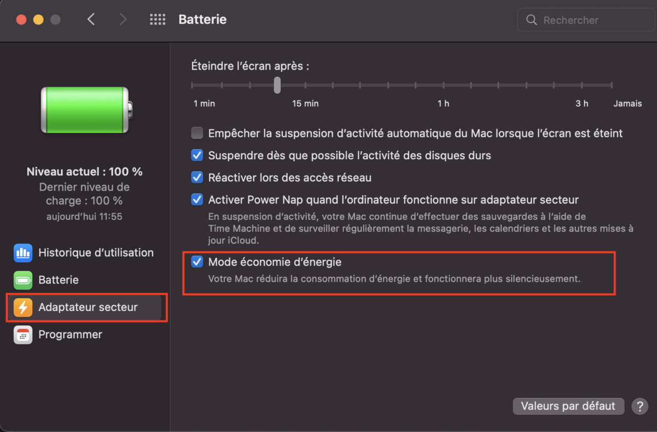 macos batterie secteur economie energie